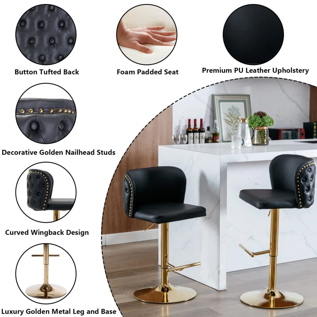 2x Faux Leather Golden Base Swivel Bar Stools | Black