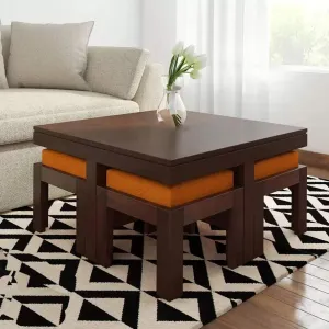 BRIGHTWOOD Sheesham Wood Center Coffee Table with 4 Stools Tea Table for Home Office Wooden Tables for Living Room (Walnut Finish)