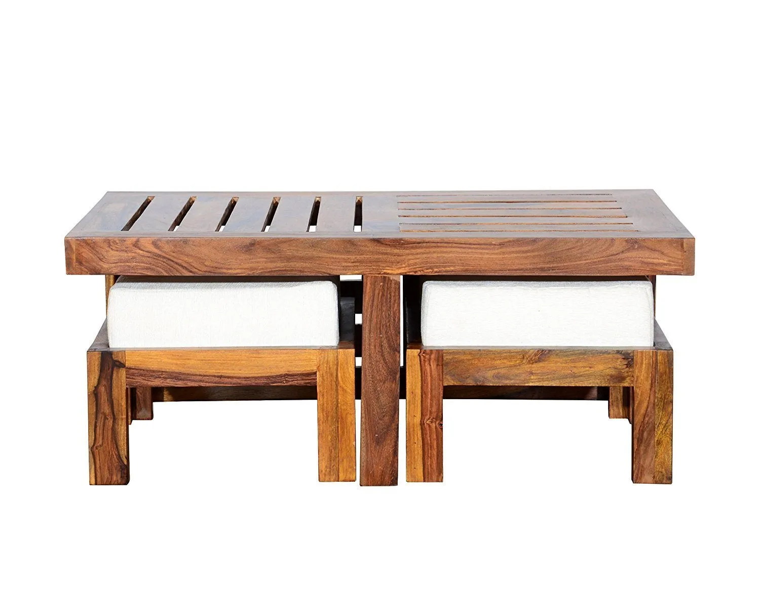 MP ENTERPRIESES Mango Wood Center Coffee Table with 2 Stools for Home Living Room Wooden Furniture Cocktail Tables for Outdoor Office and Restaurant - White Cushion