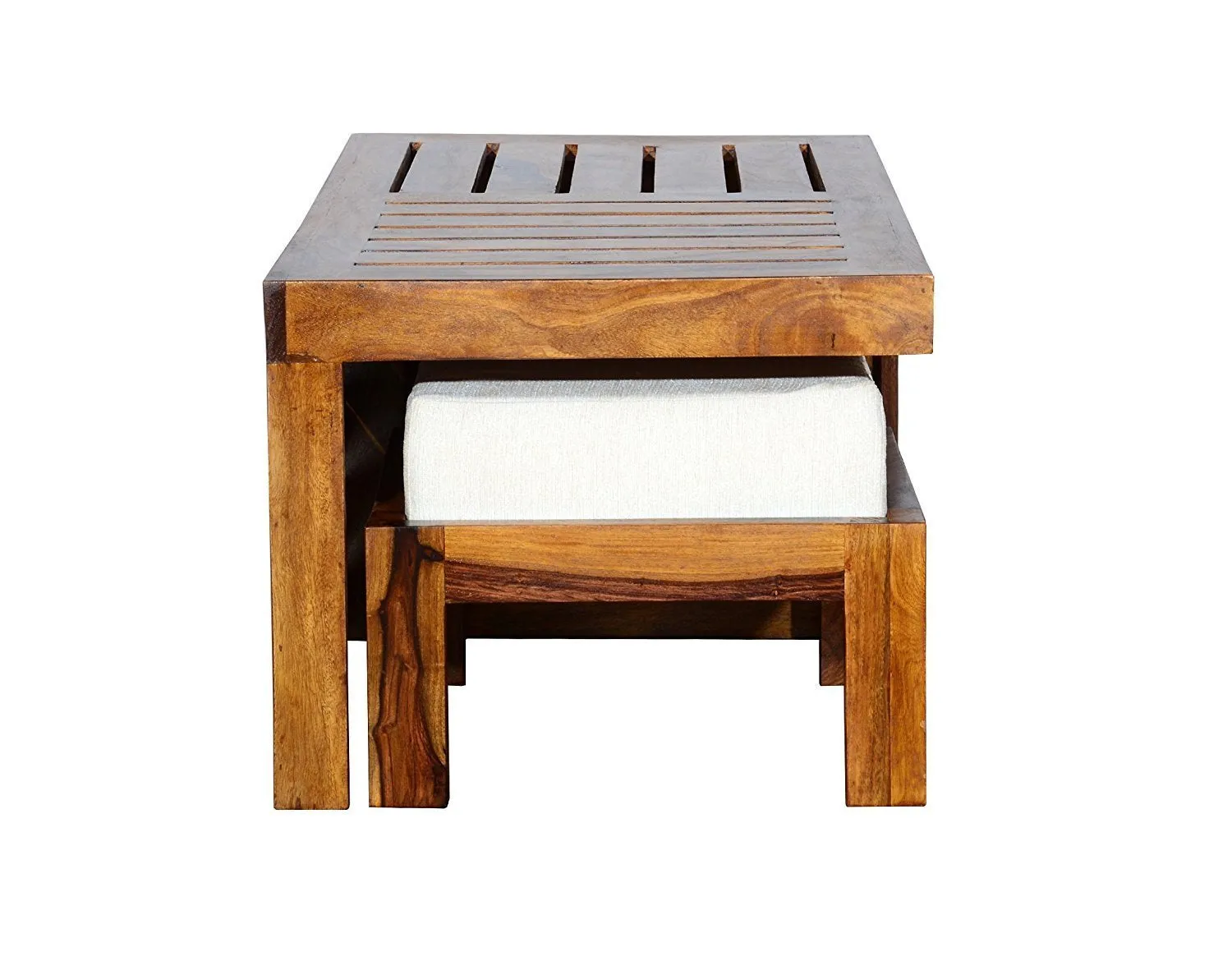 MP ENTERPRIESES Mango Wood Center Coffee Table with 2 Stools for Home Living Room Wooden Furniture Cocktail Tables for Outdoor Office and Restaurant - White Cushion