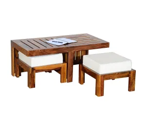MP ENTERPRIESES Mango Wood Center Coffee Table with 2 Stools for Home Living Room Wooden Furniture Cocktail Tables for Outdoor Office and Restaurant - White Cushion