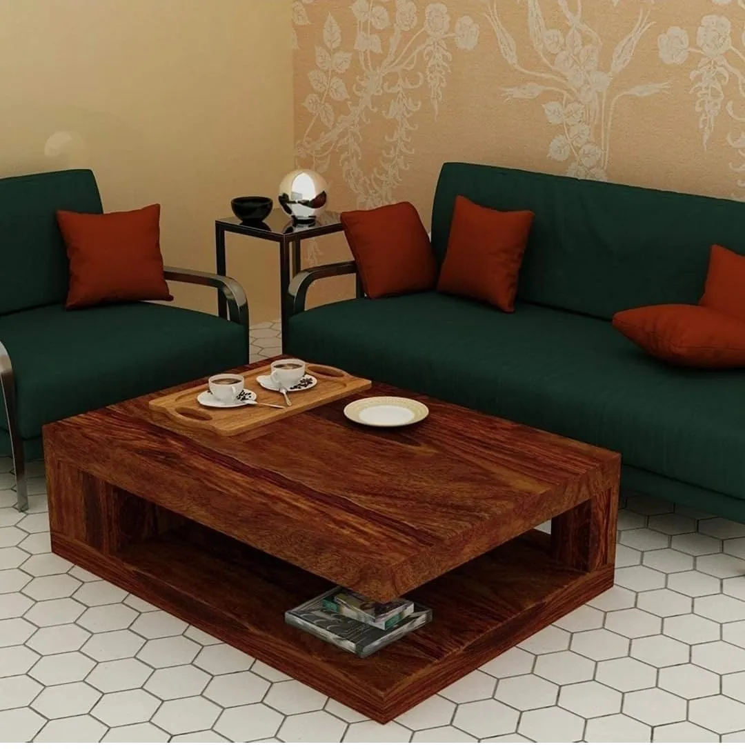 MP ENTERPRIESES Solid Sheesham Wood Square Center Coffee Table for Home Living Room Wooden Furniture Cocktail Tables for Office Outdoor and Restaurant - (Teak Finish)